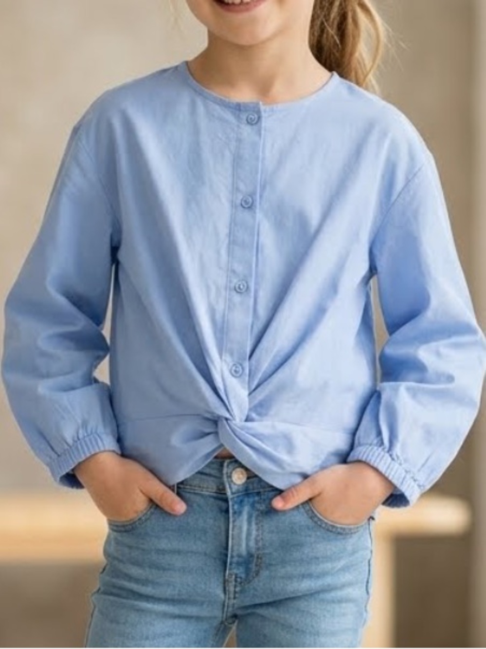 Zara Light Blue Button-Front Twist Hem Kids Shirt